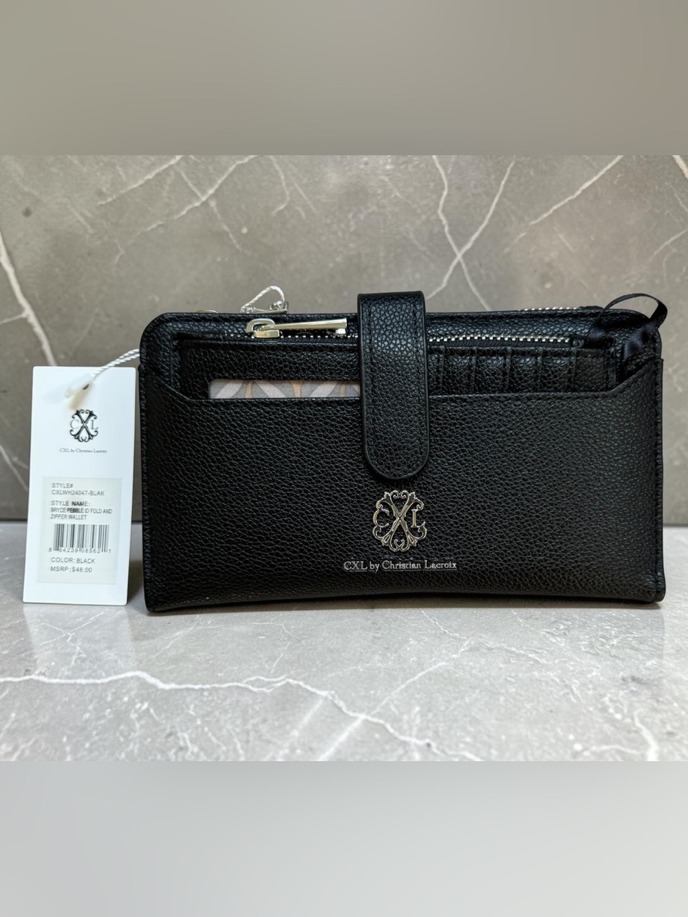 CXL Christian Lacroix Black Bryce Pebble Faux Leather ID Fold & Zipper Wallet